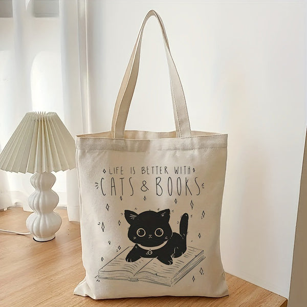 Fashion Durable One Shoulder Cat And Book Large Capacity Canvas Bag DanisBrothersStore