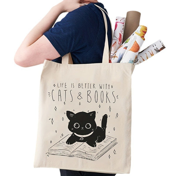 Fashion Durable One Shoulder Cat And Book Large Capacity Canvas Bag DanisBrothersStore